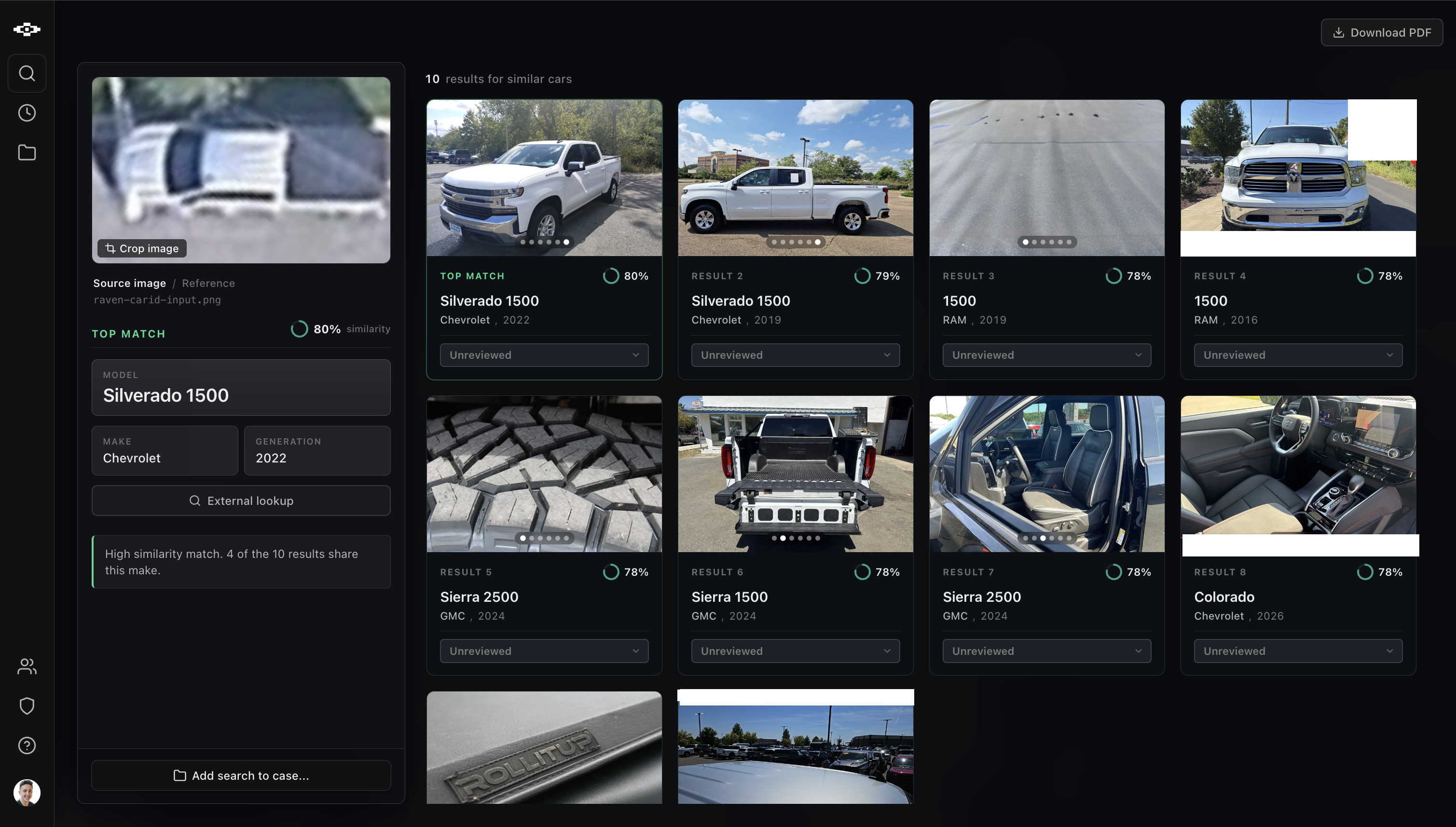 CarID workspace — source image with identification result (Chevrolet Silverado 2500, 2014, 77% match) beside 10 candidate matches ranked by visual similarity